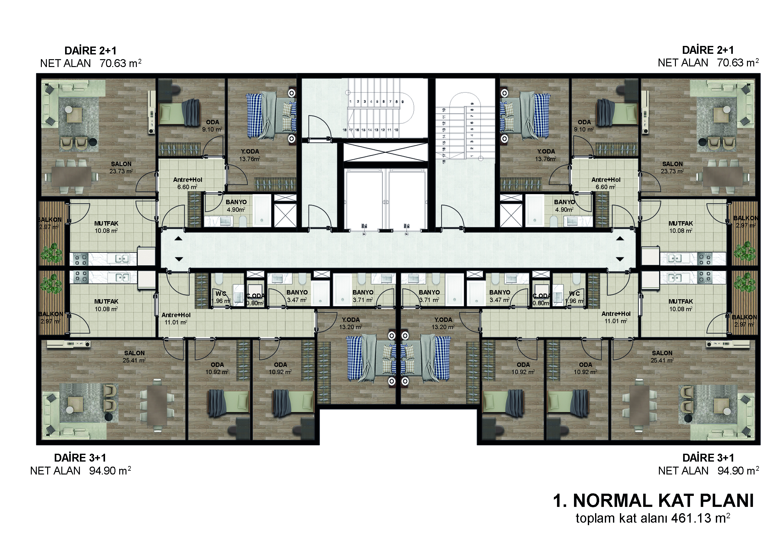 Mahmutbey 1149-1502 Kentsel Dönüşüm 1. Normal Kat Planı Renkli